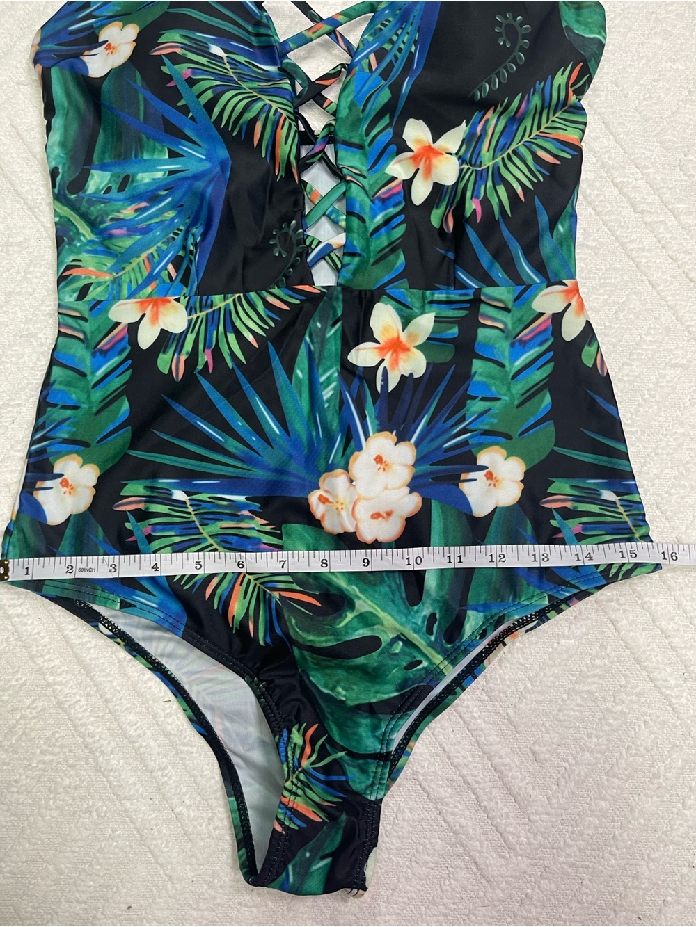 Tropical Floral One-Piece Swimsuit Green/Blue with Lace Up Front Size L - Picture 11 of 12